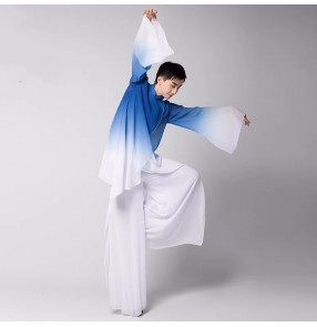 Men's youth blue gradient chinese folk dance costumes wushu swordsman chinese kung fu competition suit Han Tang classical dance performances clothes for man